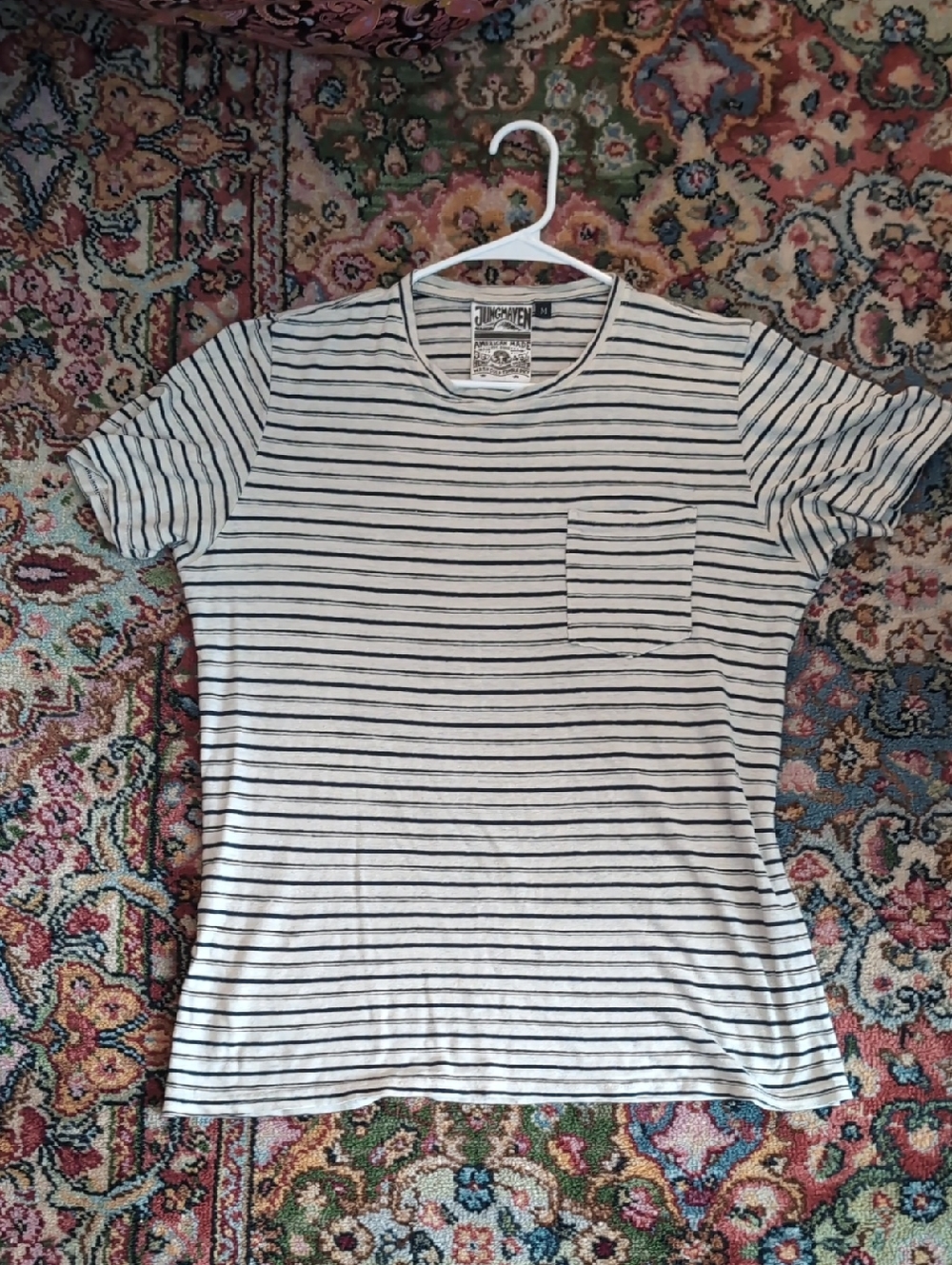 Jungmaven White and Black Striped Pocket Tee